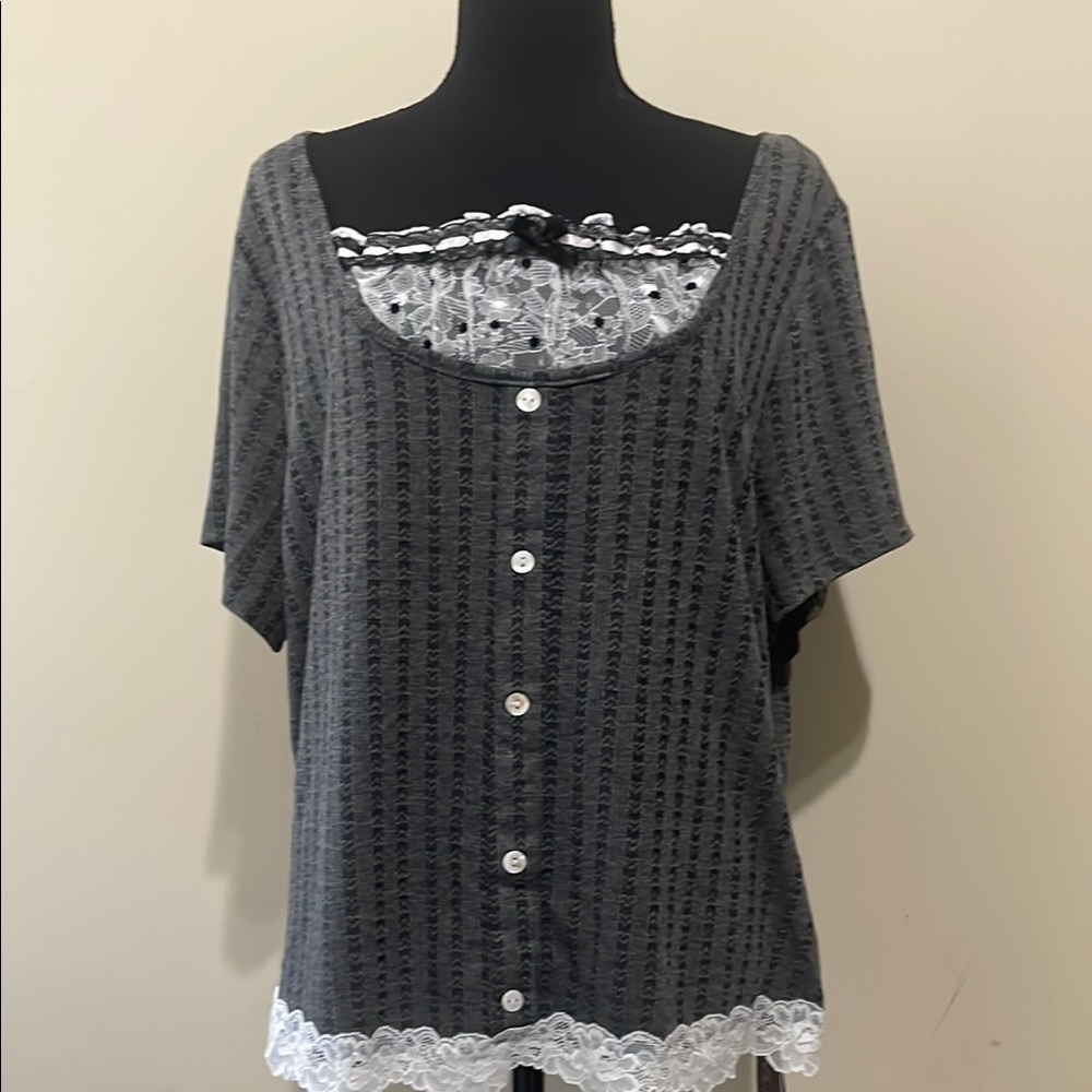 Gray Lace Trimmed Blouse